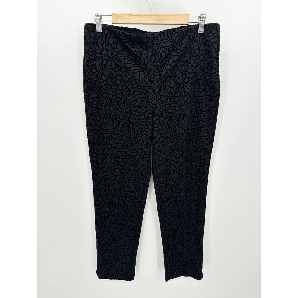 Chicos Pants Women 1 MEDIUM Black Printed Velour Ankle Stretch Waist Slimming